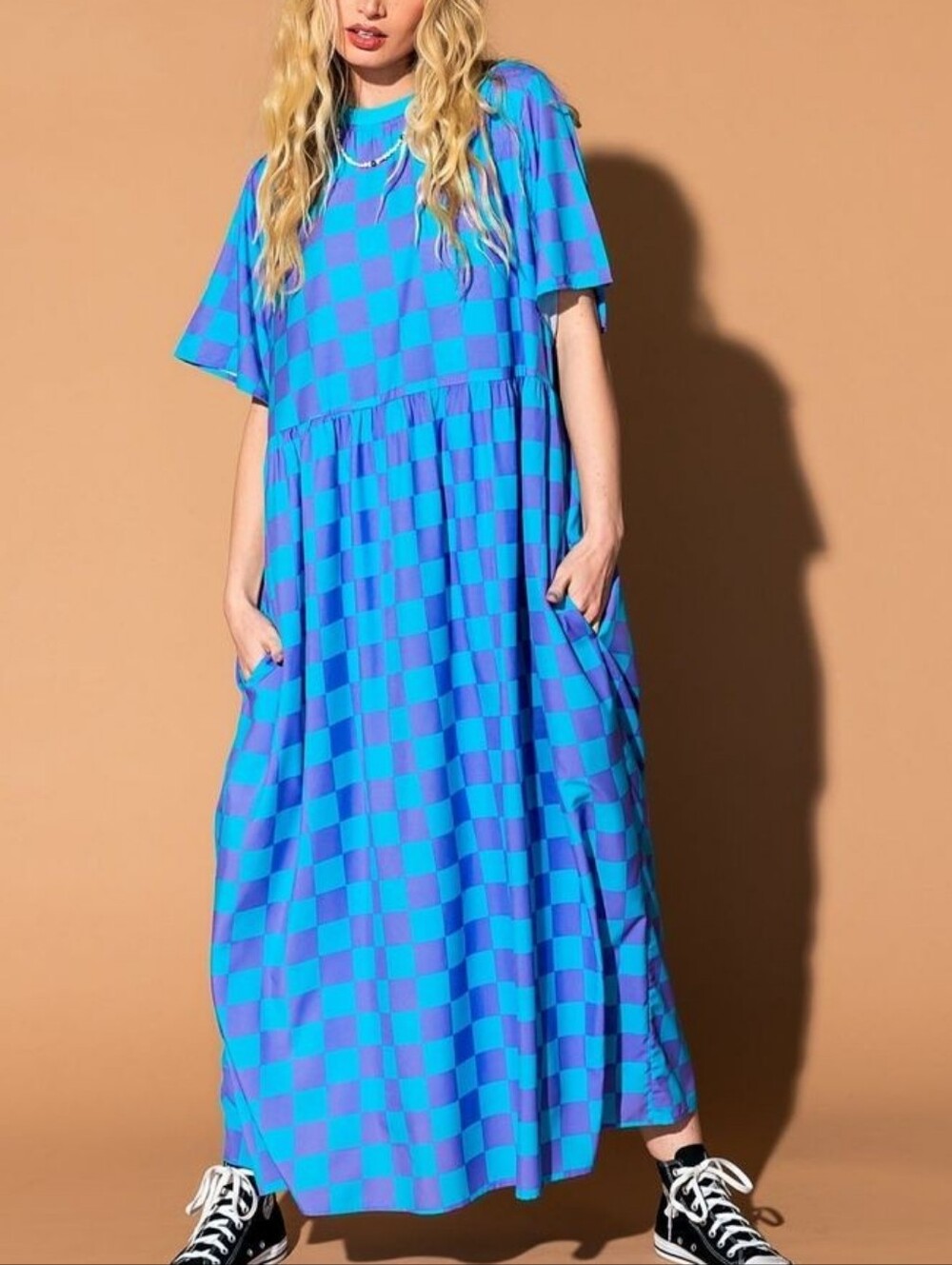 Dressed In LALA Blue & Purple Checkered Short-Sleeve Oversized Maxi Dress Size S